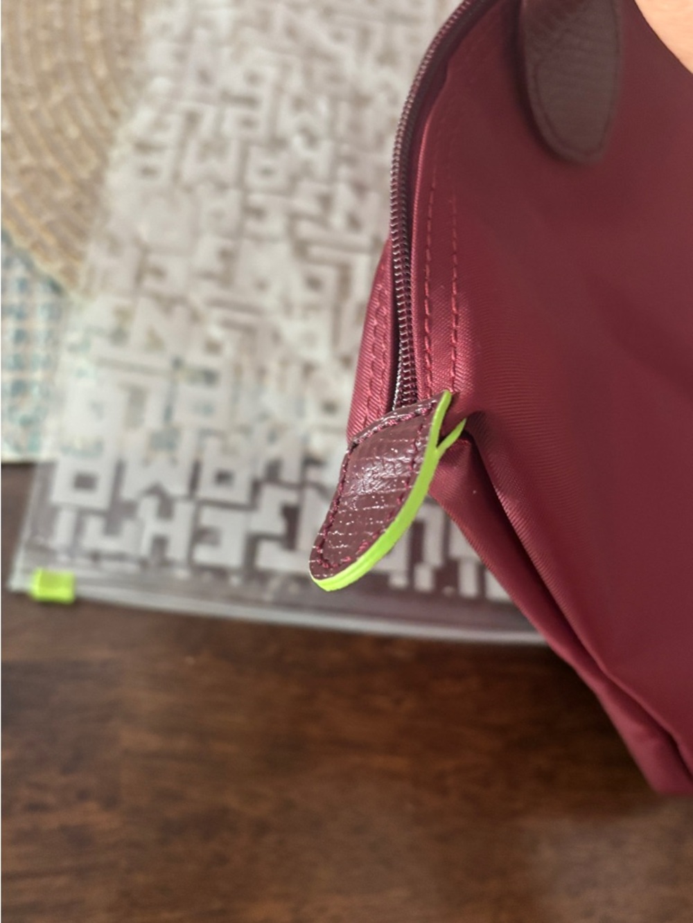 Longchamp burgundy tote with lime trim size large (comes with a mini as bonus) - Picture 8 of 14